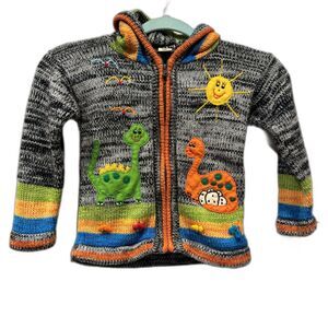 Lucy Iburg Cardigan Sweater Peruvian Cottagecore Dinosaur Hooded Zip Toddler 6